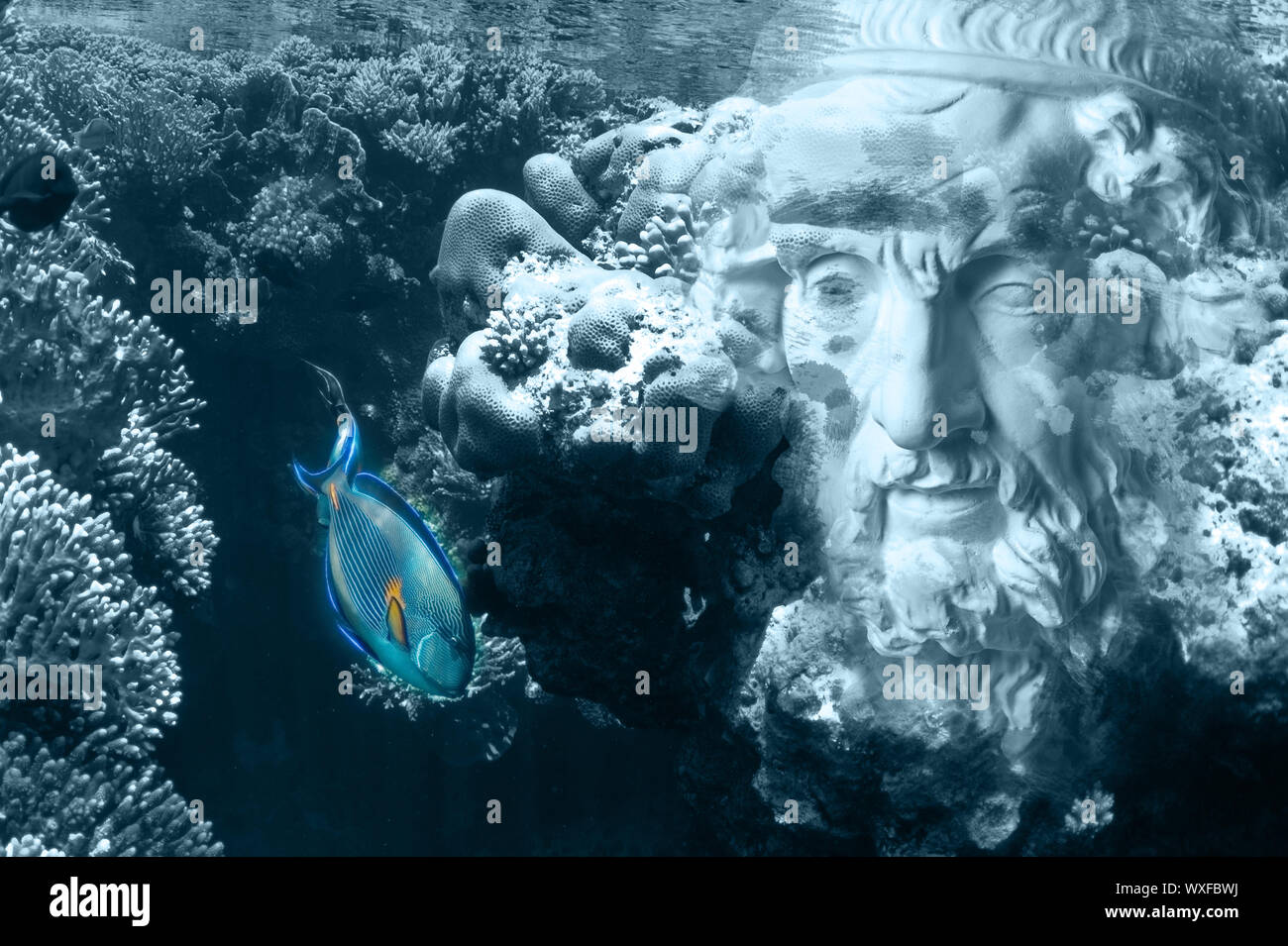 Face of ancient statue on a underwater background with corals and fish. Art, adventure, underwater archeology concept. Stock Photo