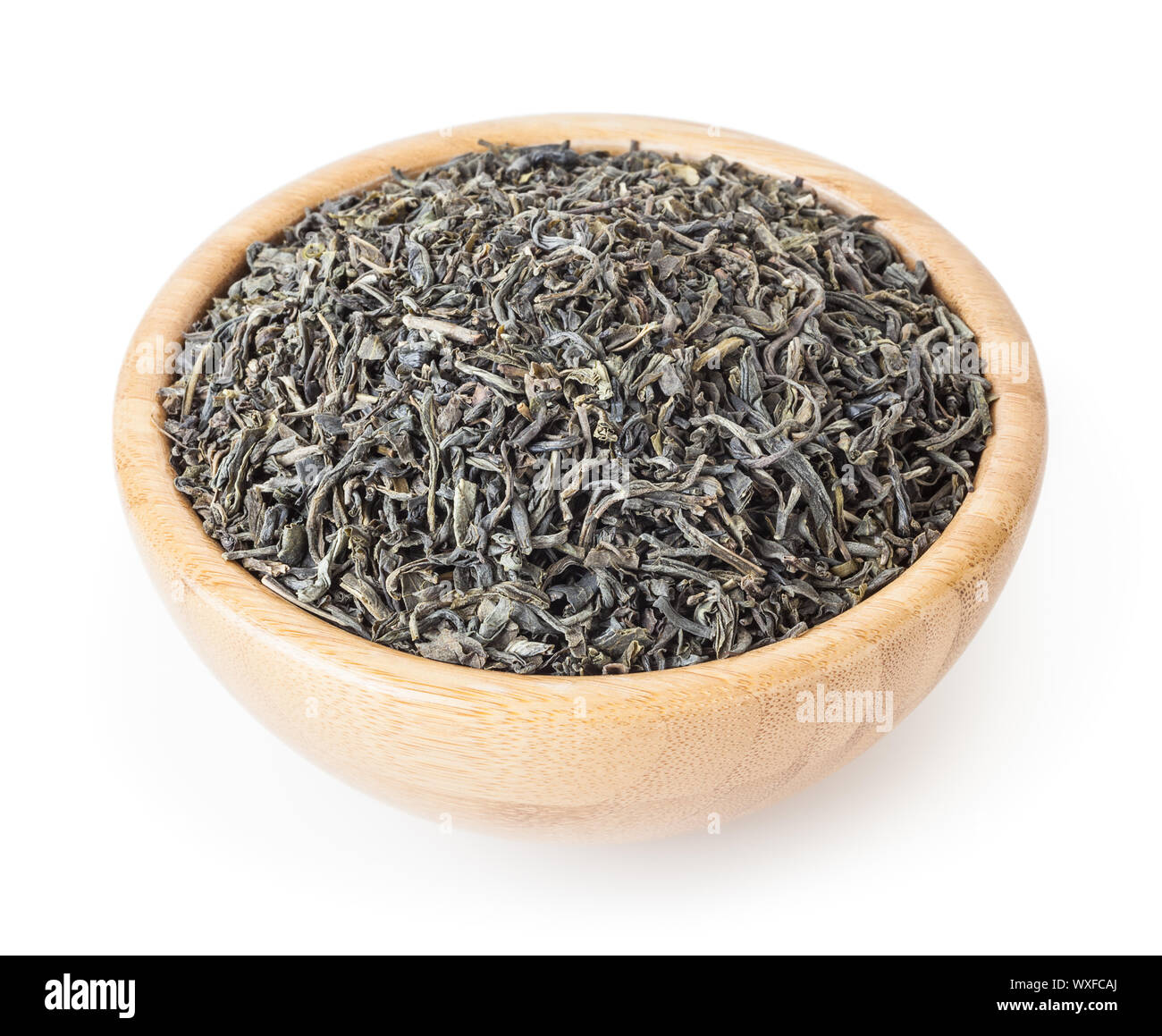 Green tea in wooden bowl isolated on white background with clipping ...