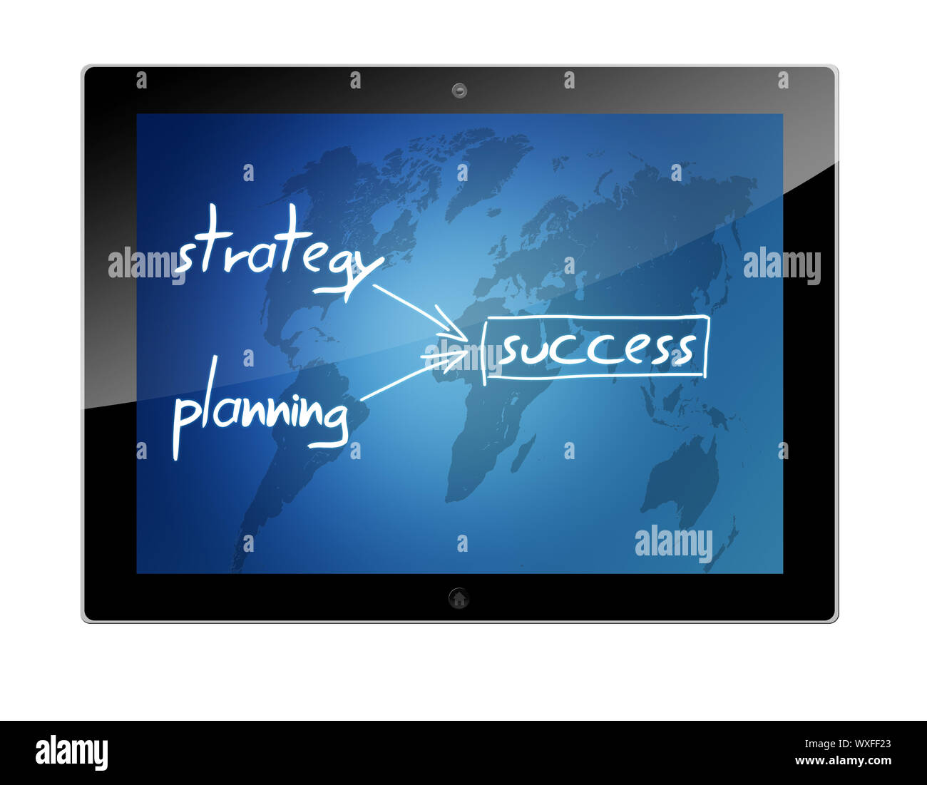 Tablet PC with concept of strategy and planning result in success on blue background with world map Stock Photo