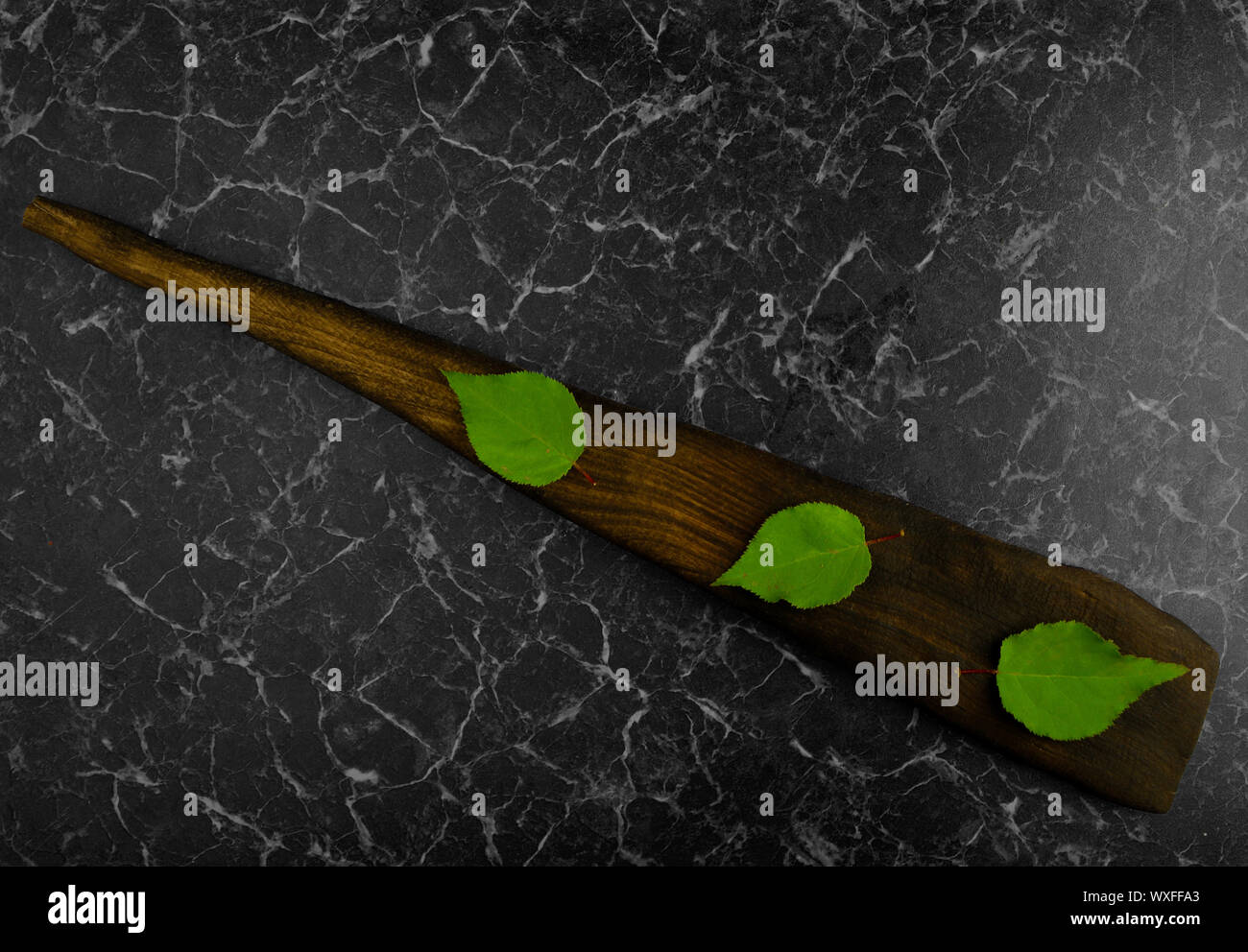 THREE GREEN LEAF ON THE BOARD ON A DARK BACKGROUND Stock Photo