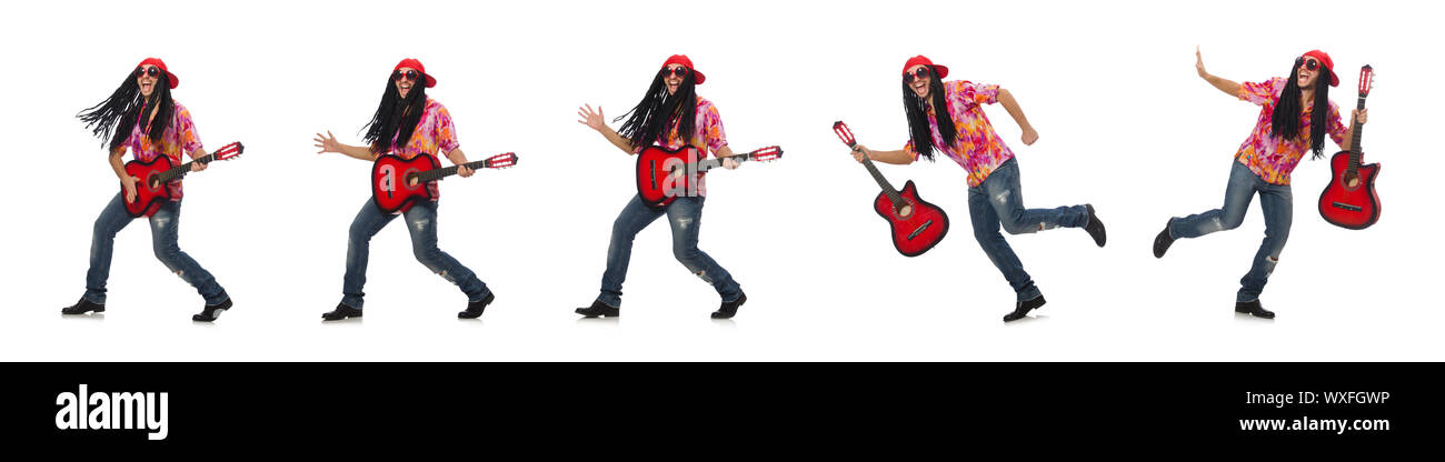 Male musician with guitar isolated on white Stock Photo