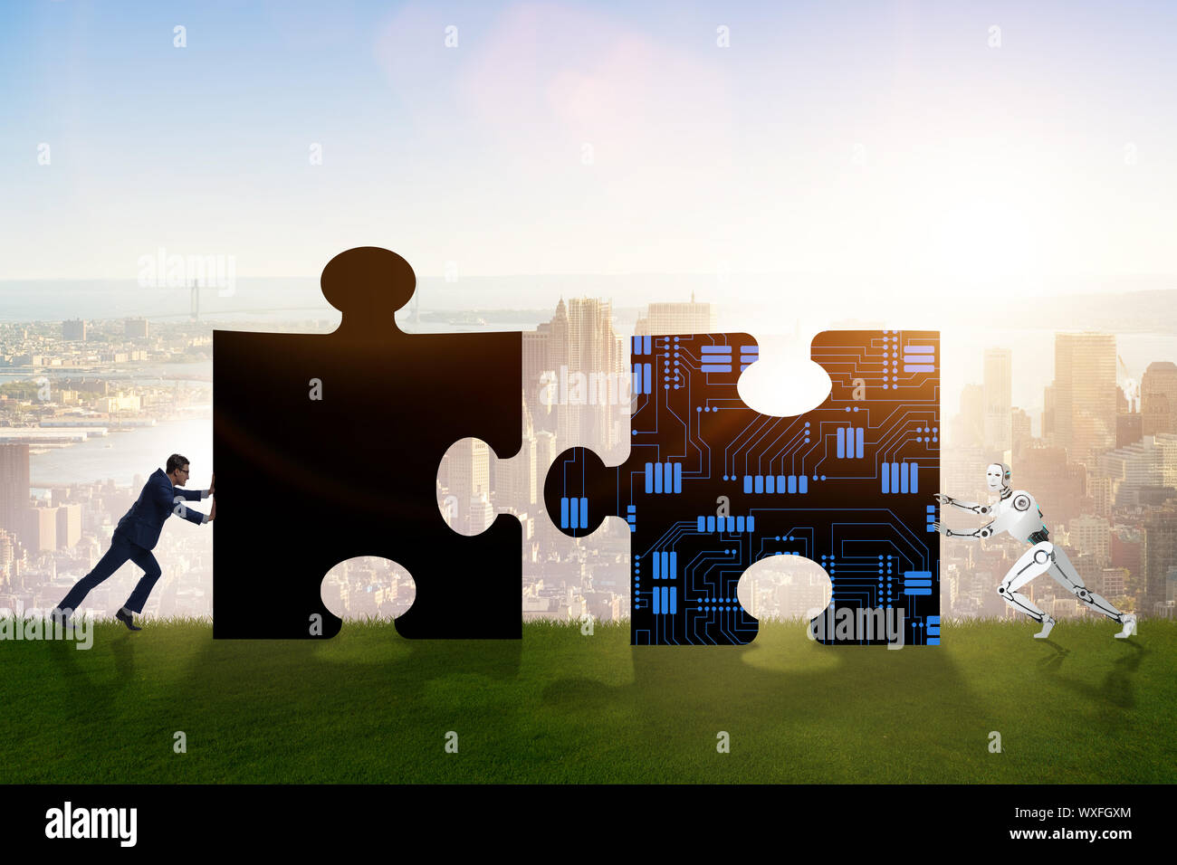Robot and human cooperating in jigsaw puzzle Stock Photo - Alamy