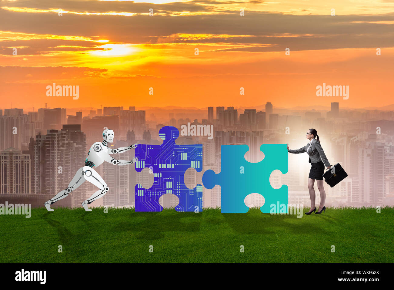 Robot and human cooperating in jigsaw puzzle Stock Photo - Alamy