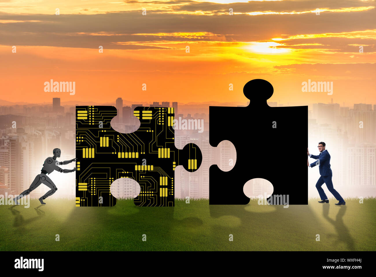 Robot and human cooperating in jigsaw puzzle Stock Photo - Alamy