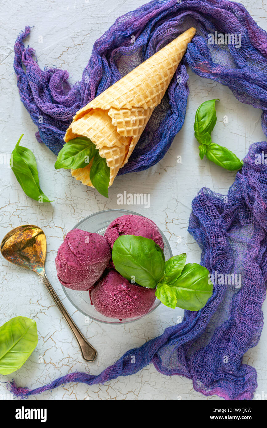 Artisanal blueberry ice cream with green basil Stock Photo Alamy