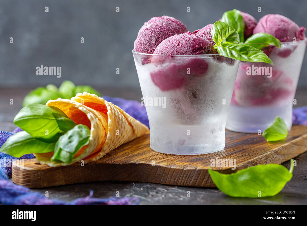 Homemade blueberry ice cream with basil Stock Photo Alamy