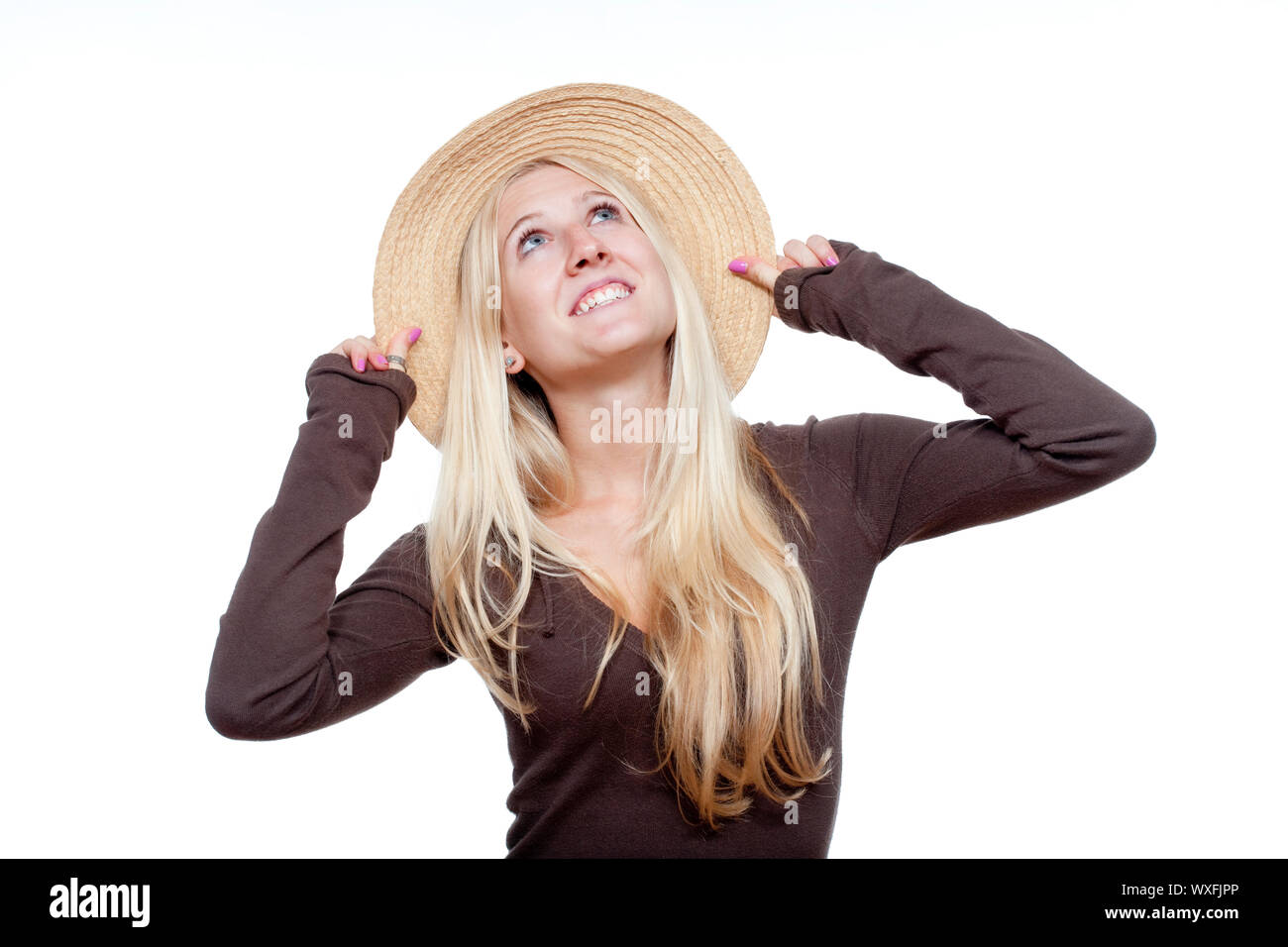 portrait of a young girl in straw hat smiling - isolated on white Stock ...