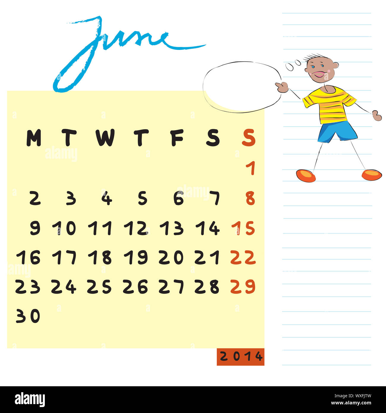 june 2014 calendar illustration, hand drawn design with kid, the ...