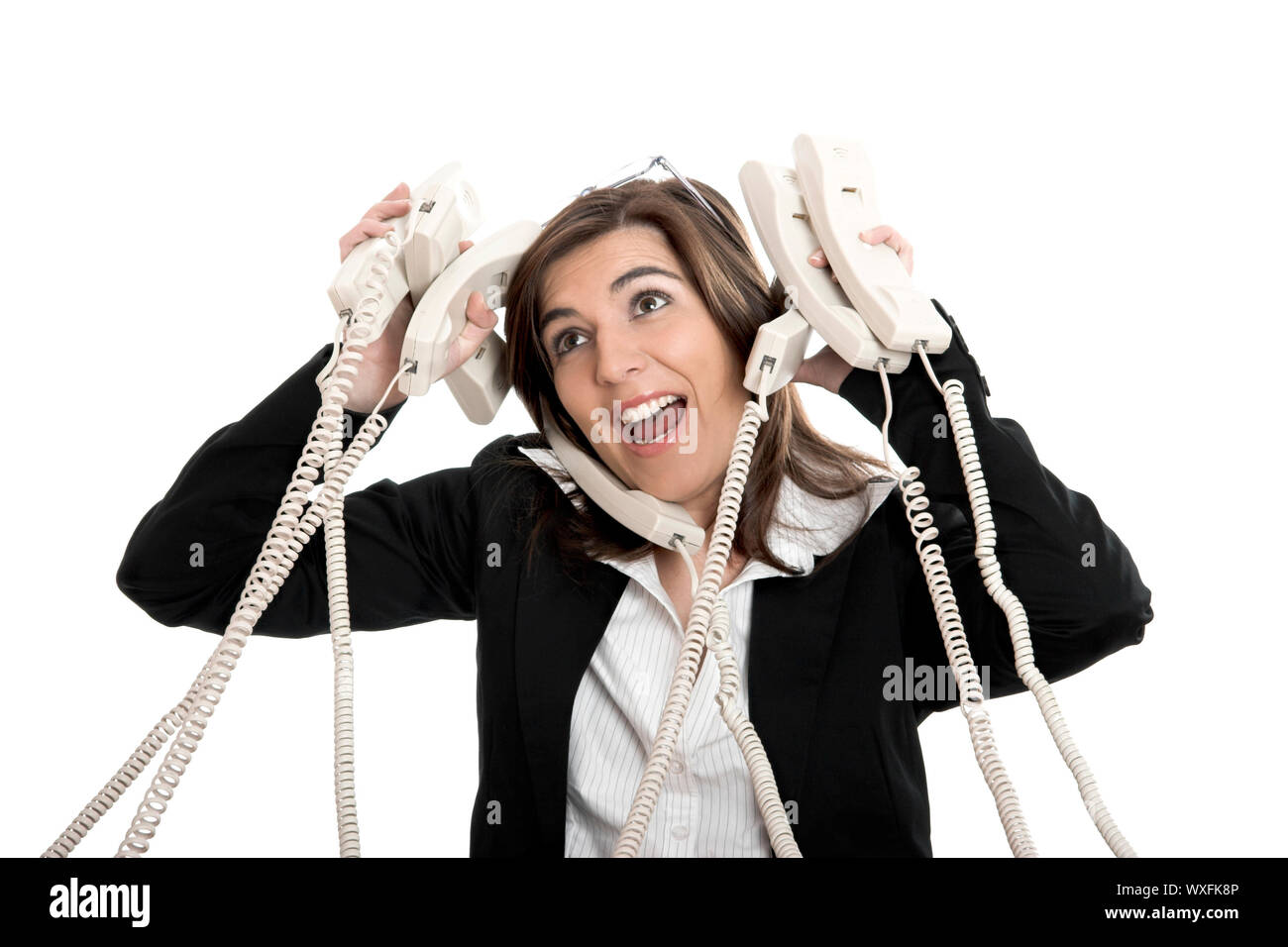 Busy woman working and answering a lot of calls at the same time Stock  Photo - Alamy