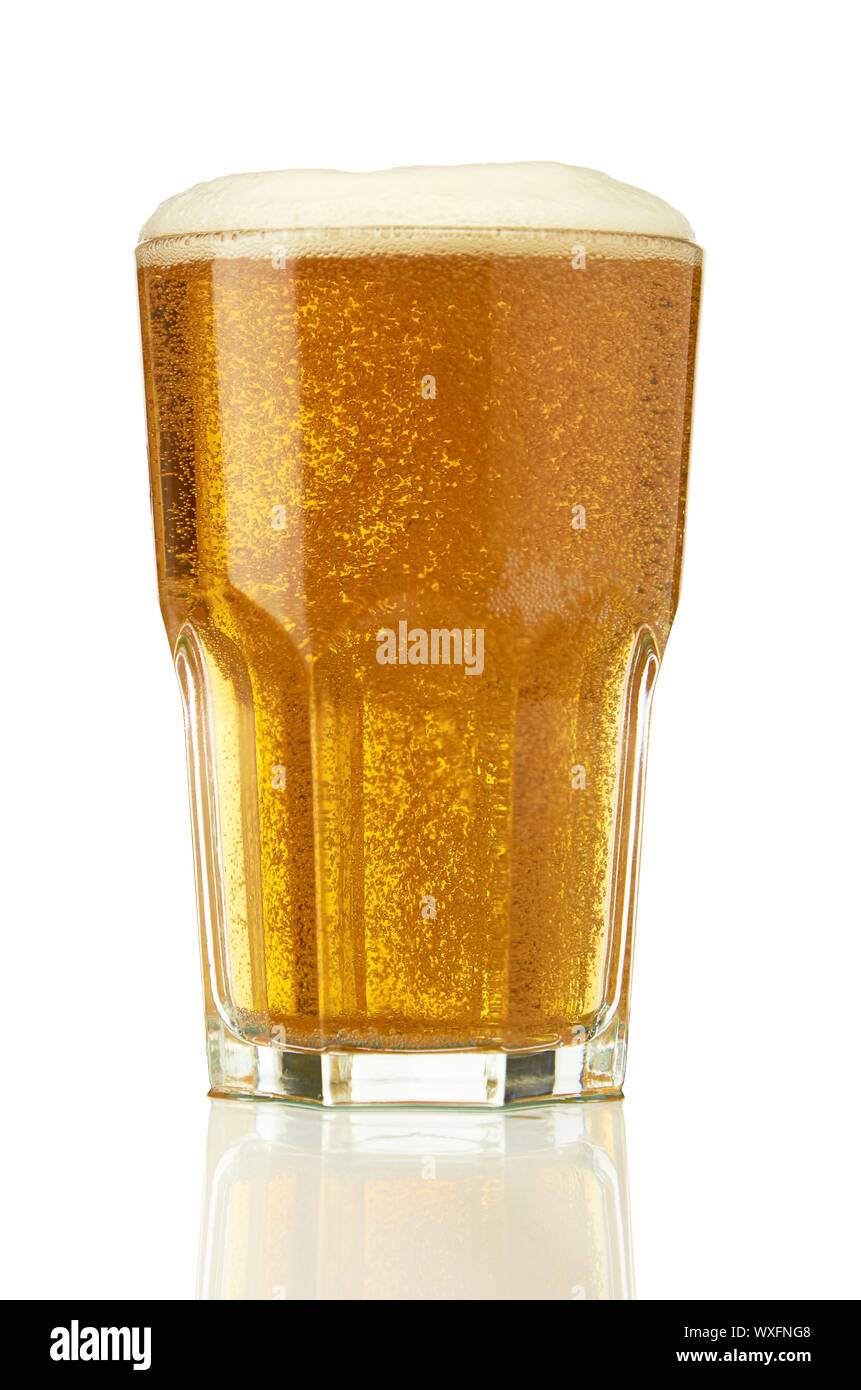 A glass of fresh light beer with a whirlpool in a glass isolated on white Stock Photo