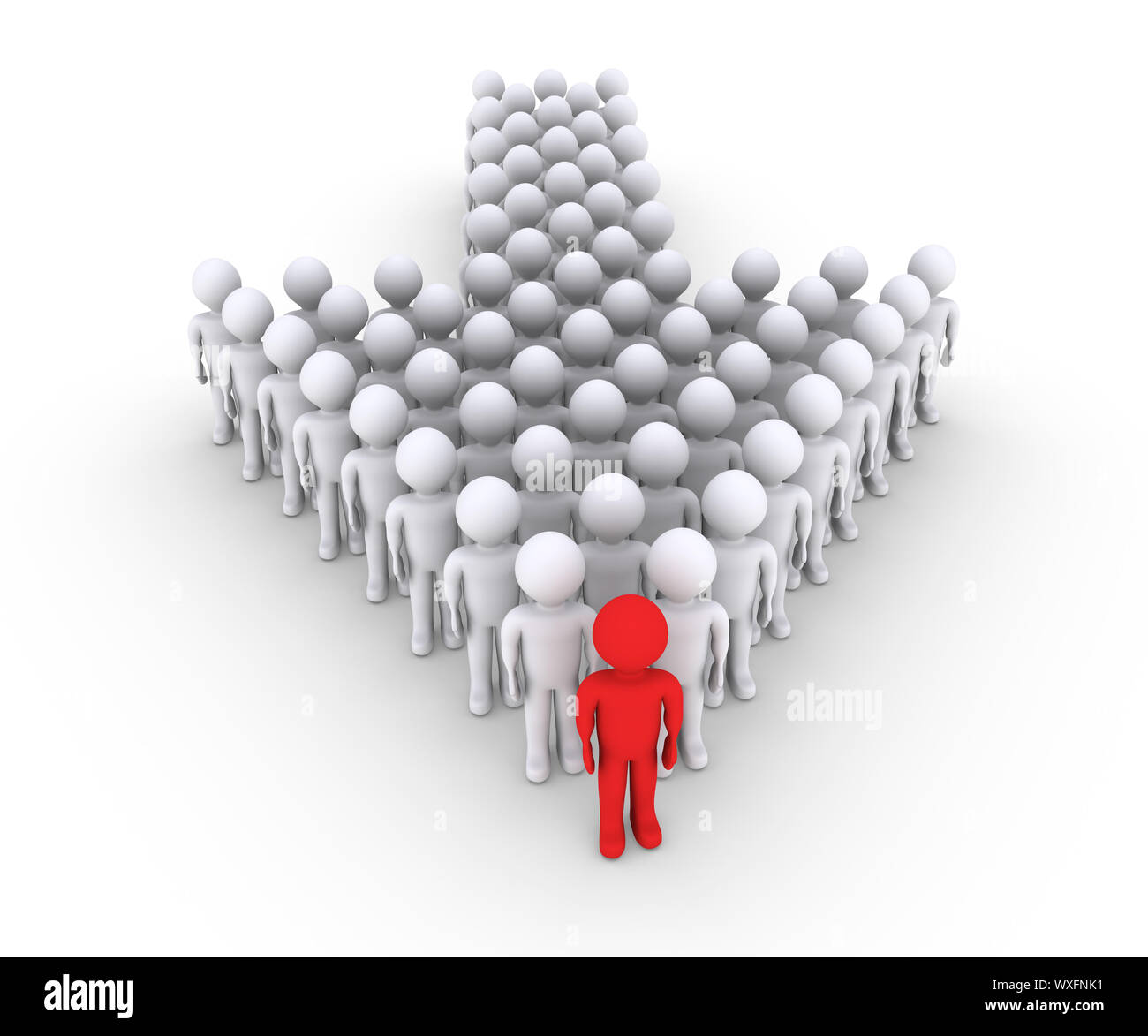 Many 3d people form an arrow with the leader in front Stock Photo