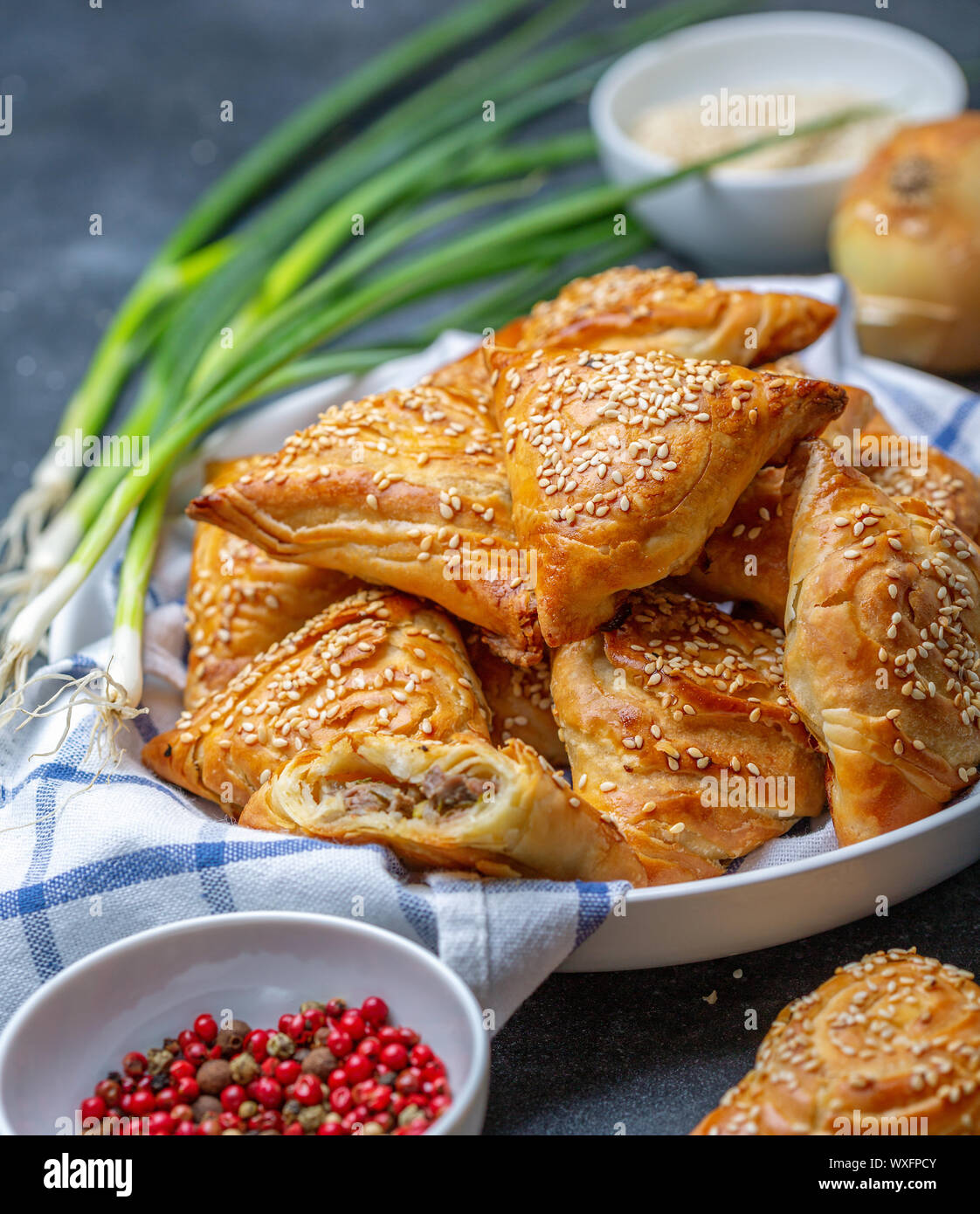 Homemade samosas with meat and spices. Stock Photo