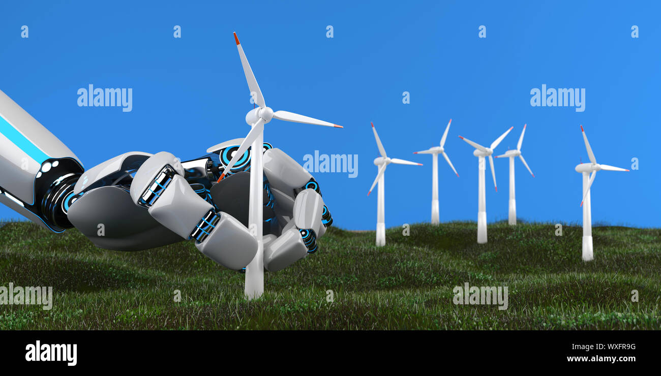 Robot Hand Wind Turbine Wind Farm Stock Photo