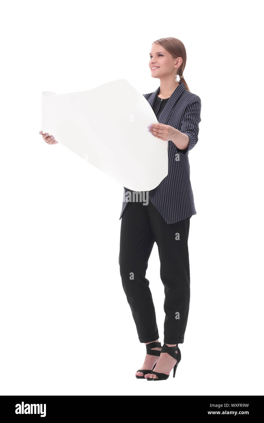 young business woman looking at sketches of new project . isolated on white Stock Photo