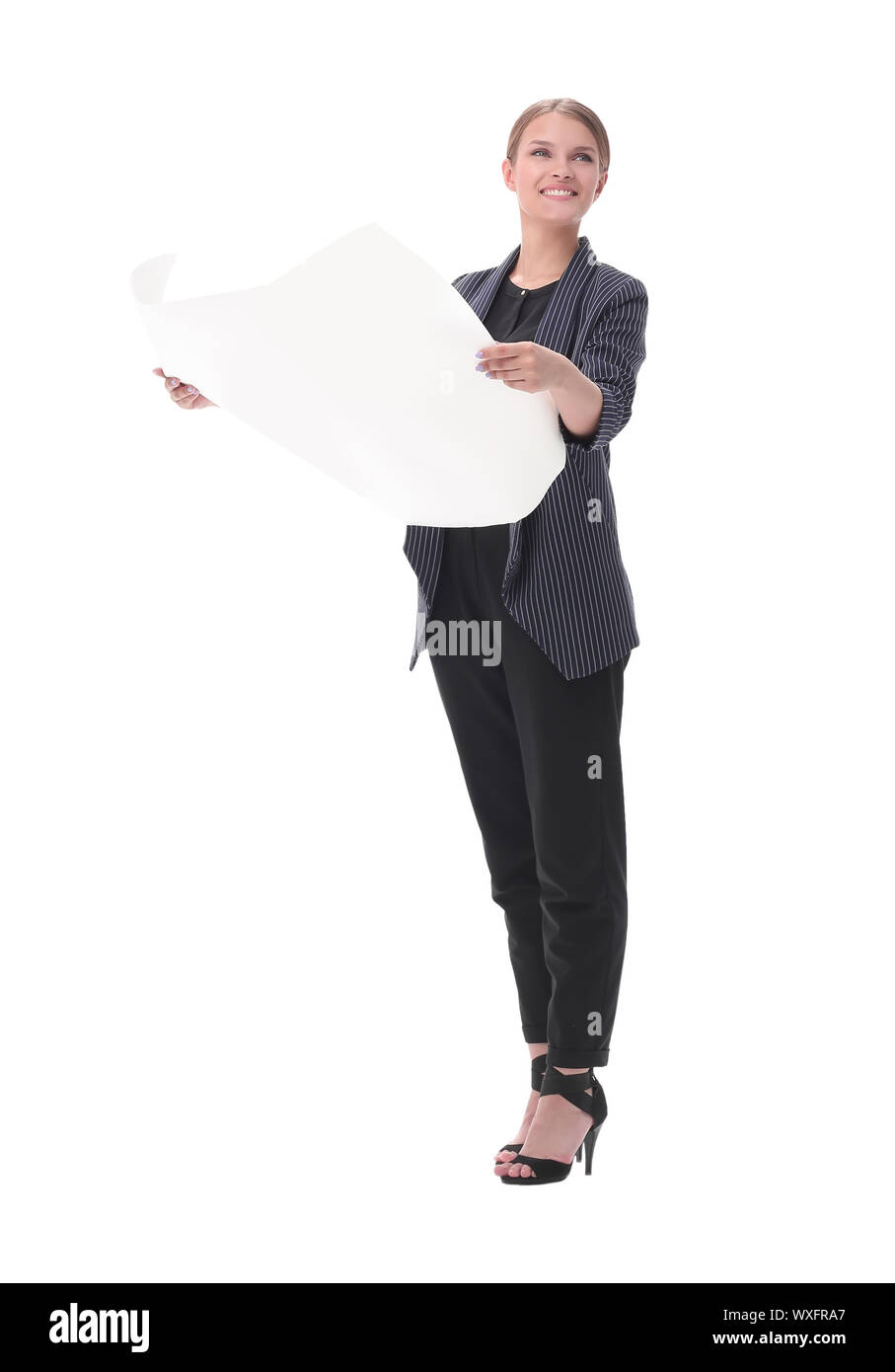 young business woman looking at sketches of new project . isolated on white Stock Photo