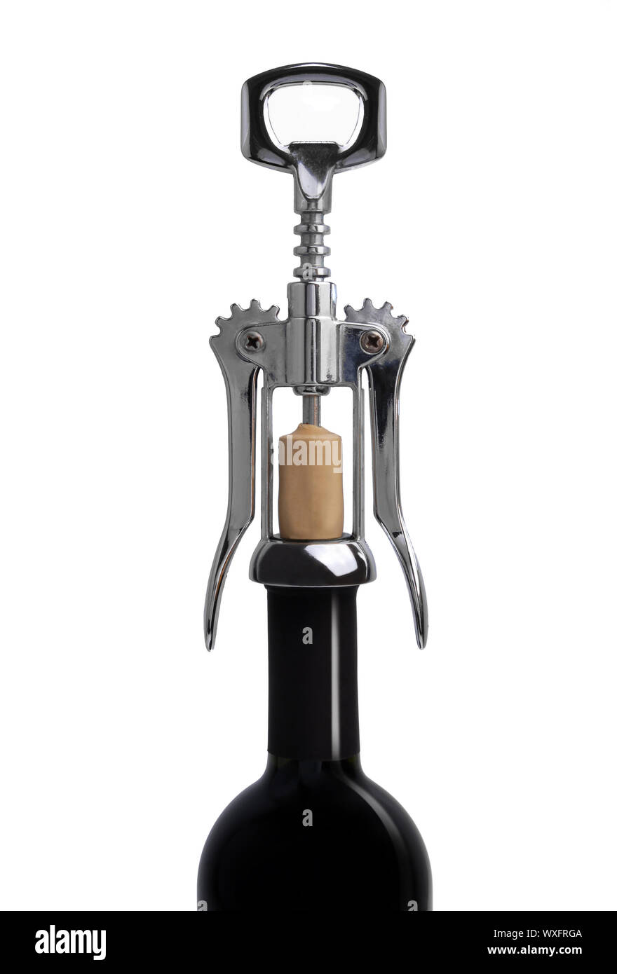Corkscrew on a bottle of wine. Isolated on white background Stock Photo ...