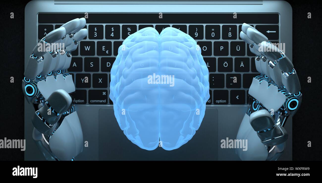 Humanoid Robot Hand Human Brain Notebook Stock Photo