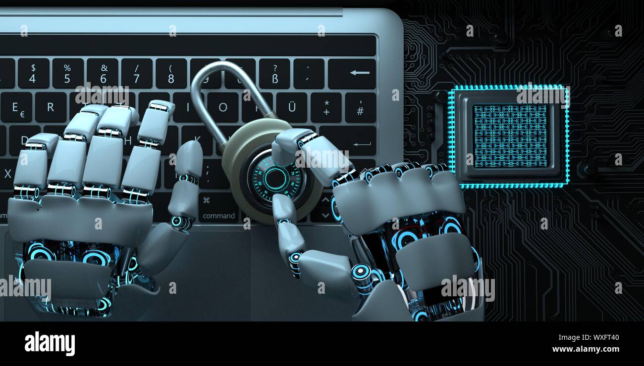 Robot Hands Notebook D-Lock Processor Stock Photo