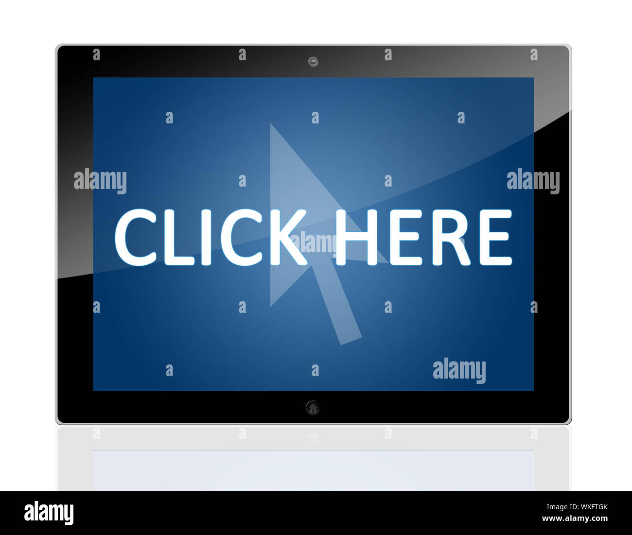 Tablet PC with a mouse cursor icon and words Click Here on blue ...