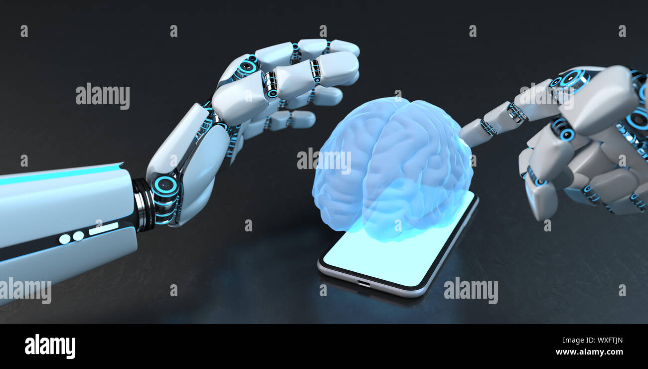 Humanoid Robot Hand Smarthone Human Brain Stock Photo