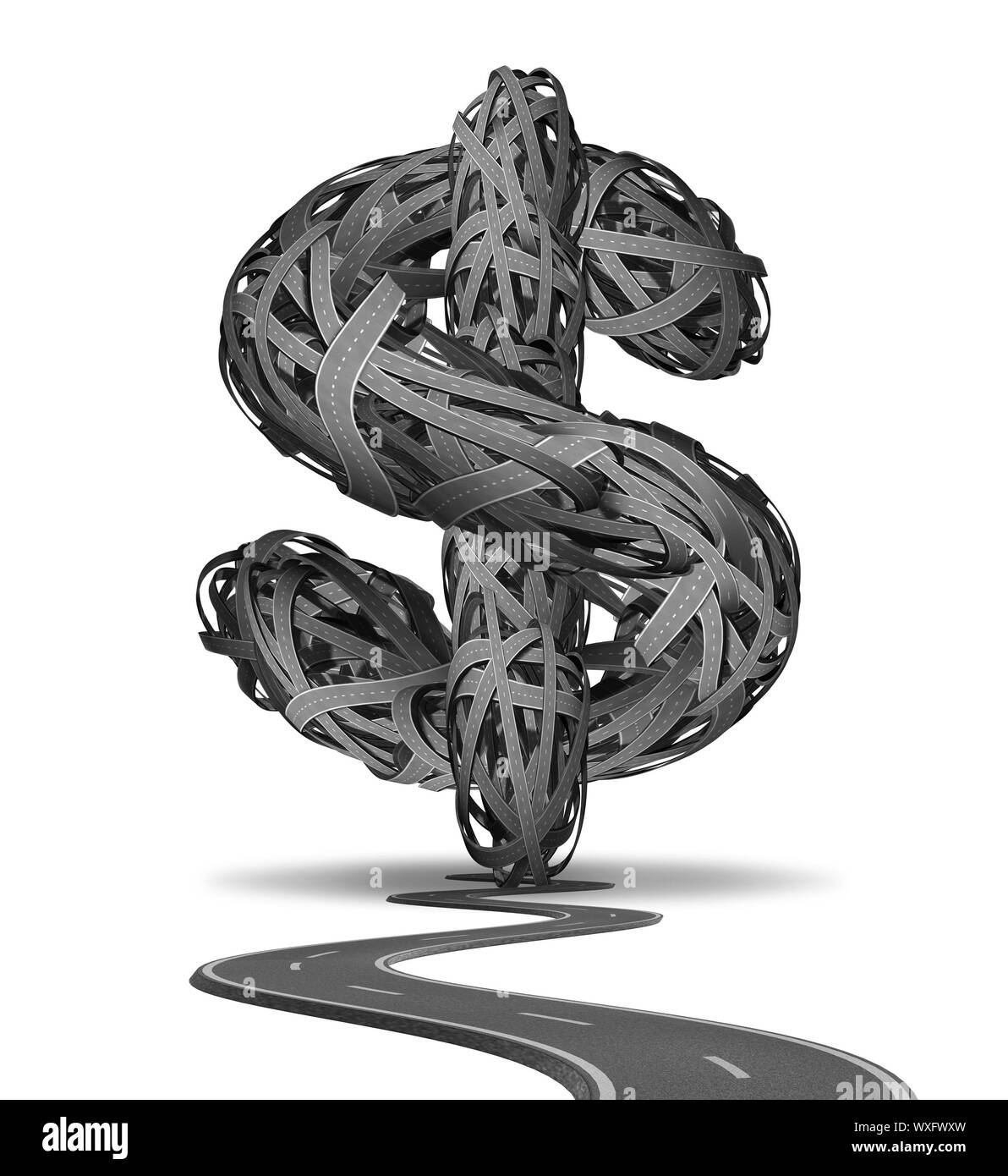 Business direction and financial advice concept with tangled confused roads in the shape of a dollar sign as a symbol of solutions to home and corpora Stock Photo