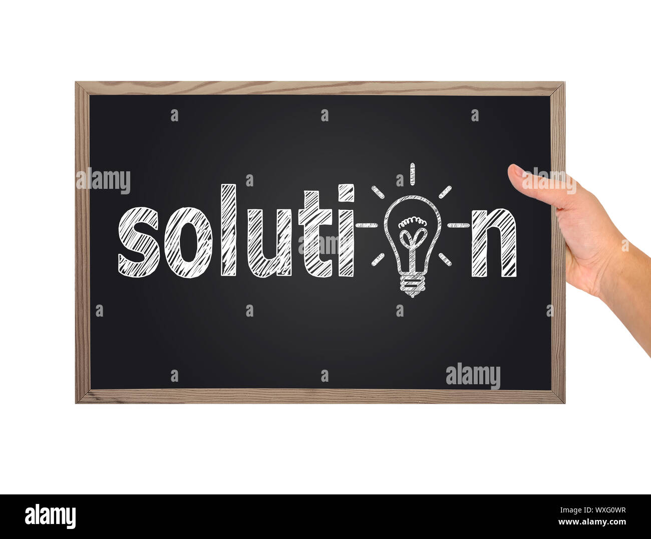 Solution Hand Sign hand holding blackboard with solution symbol Stock Photo - Alamy