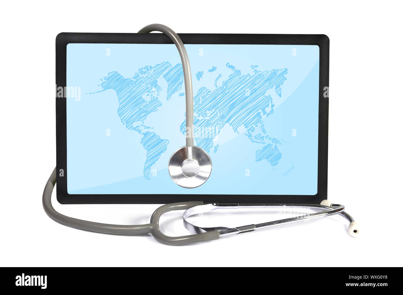 stethoscope and  touchpad with wopld map Stock Photo