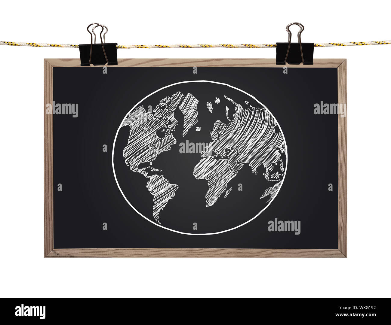 blackboard with earth hanging on a rope Stock Photo