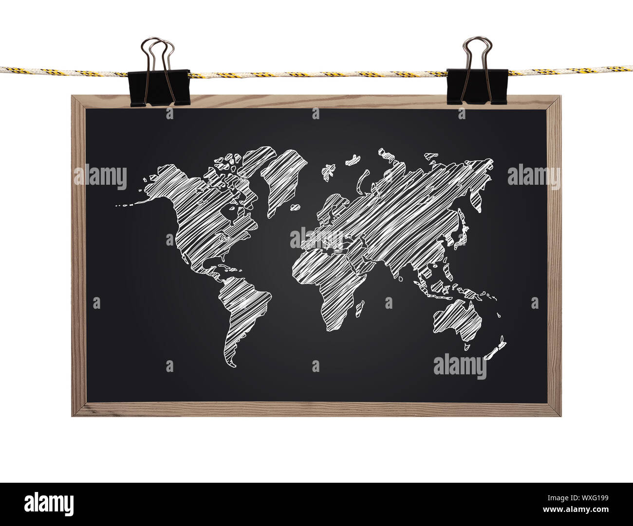 blackboard with world map  hanging on a rope Stock Photo