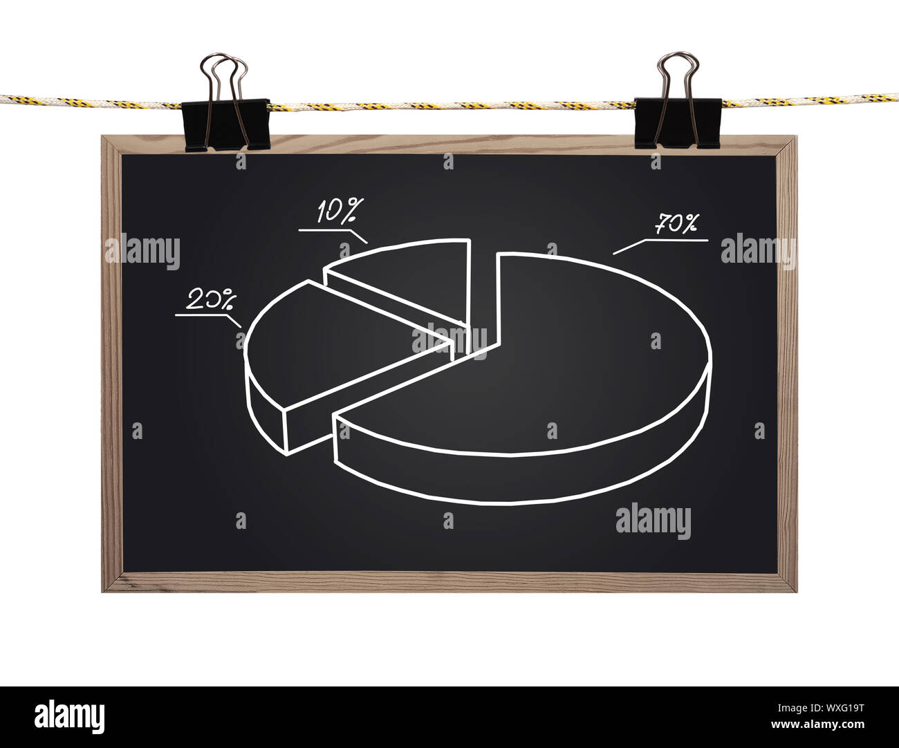 blackboard with pie chart hanging on a rope Stock Photo