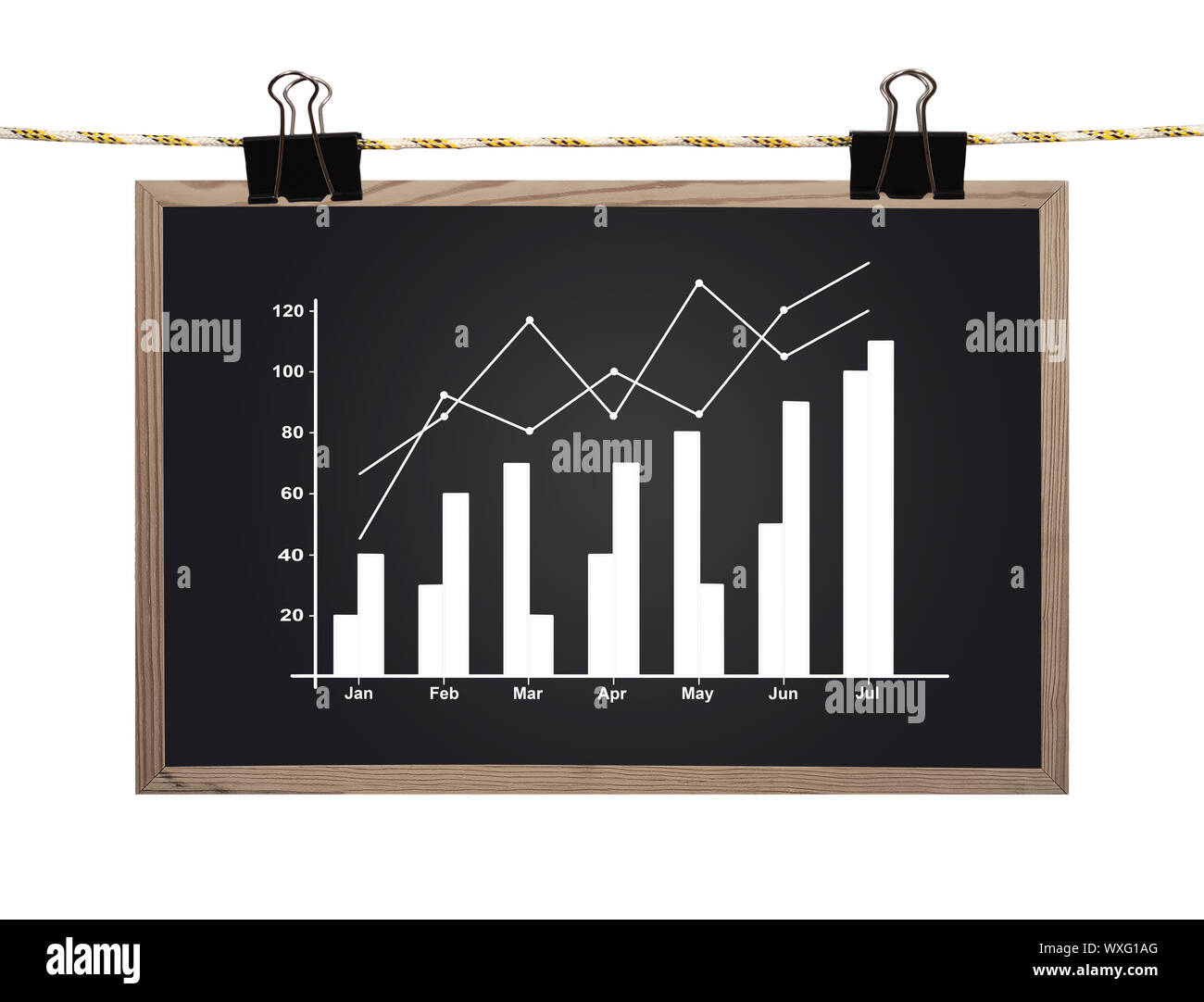 blackboard with drawing chart hanging on a rope Stock Photo