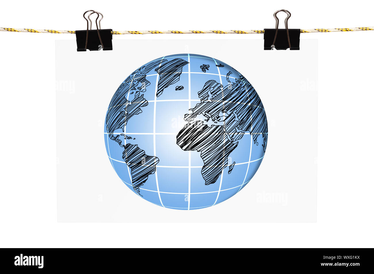 poster with globe hanging on a rope Stock Photo