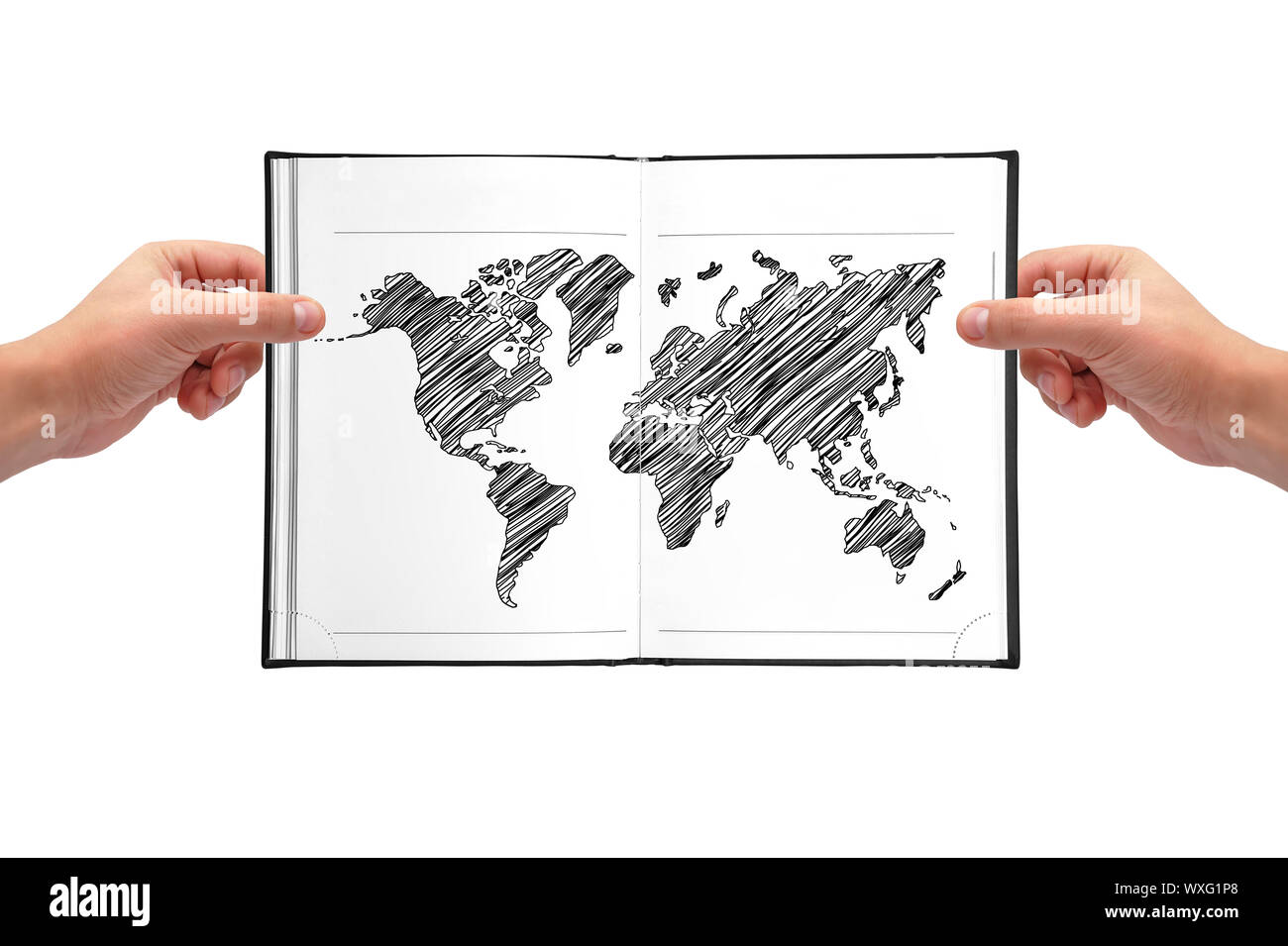 Hands holding book with world map