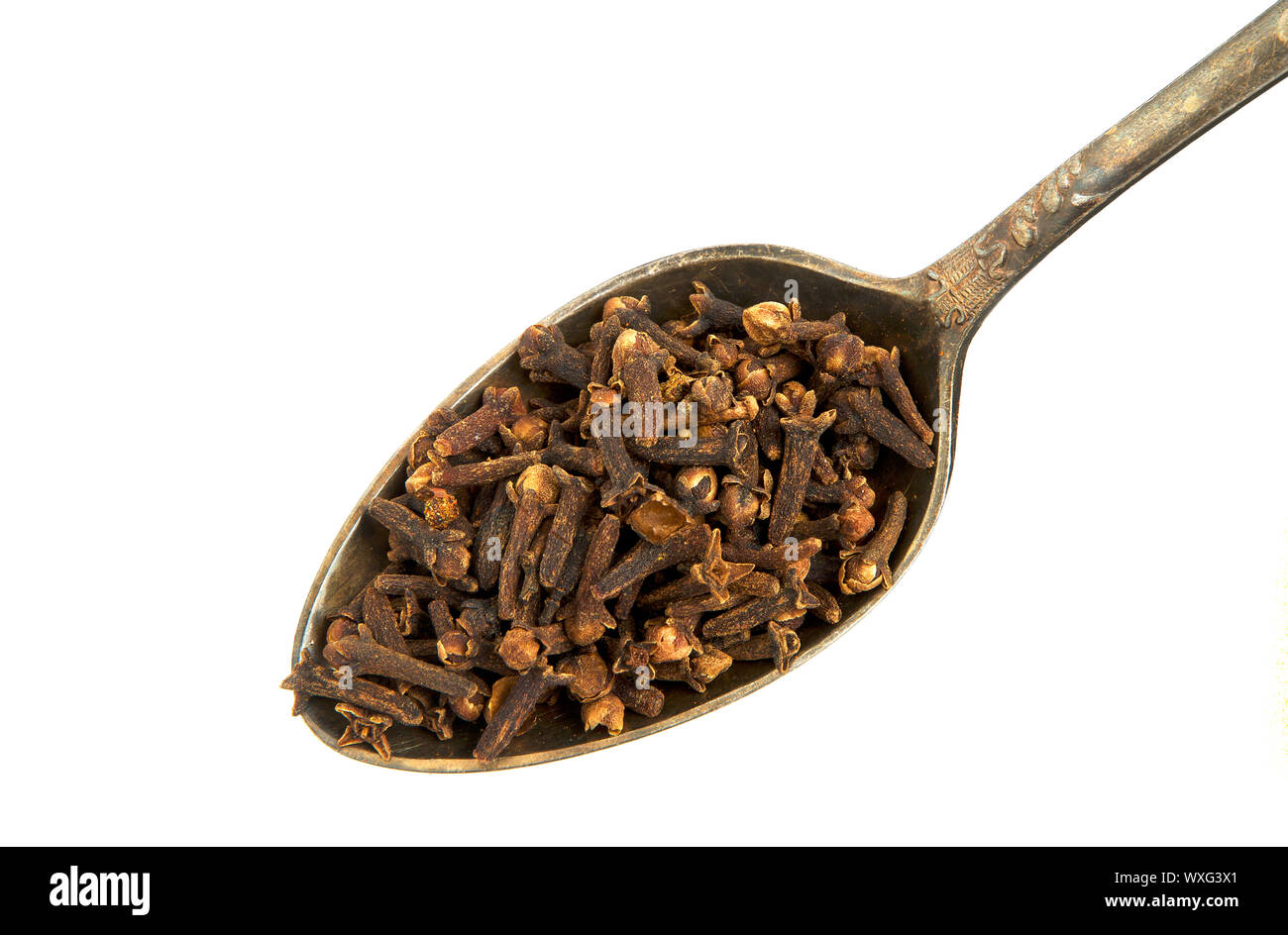Dry cloves in a spoon isolated on a white background. Spice on isolate. View from above. Stock Photo