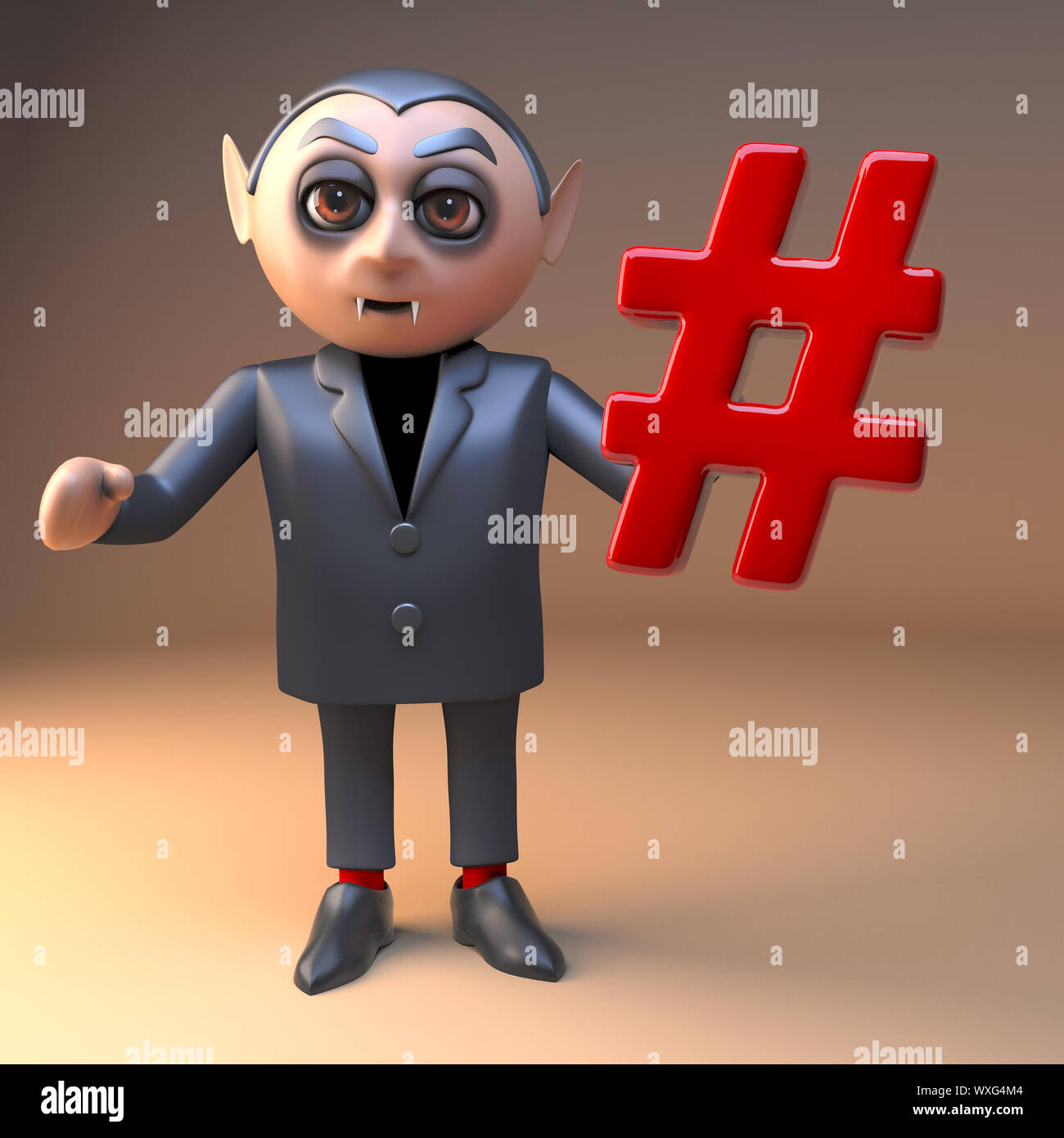 Dracula vampire cartoon 3d Halloween monster holding an internet hashtag symbol, 3d illustration render Stock Photo