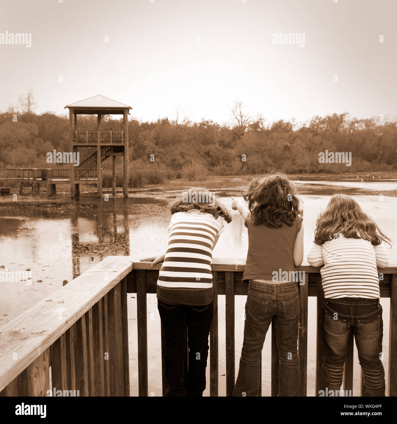 kid children girls looking and pointing at park lake in Texas rear view ...