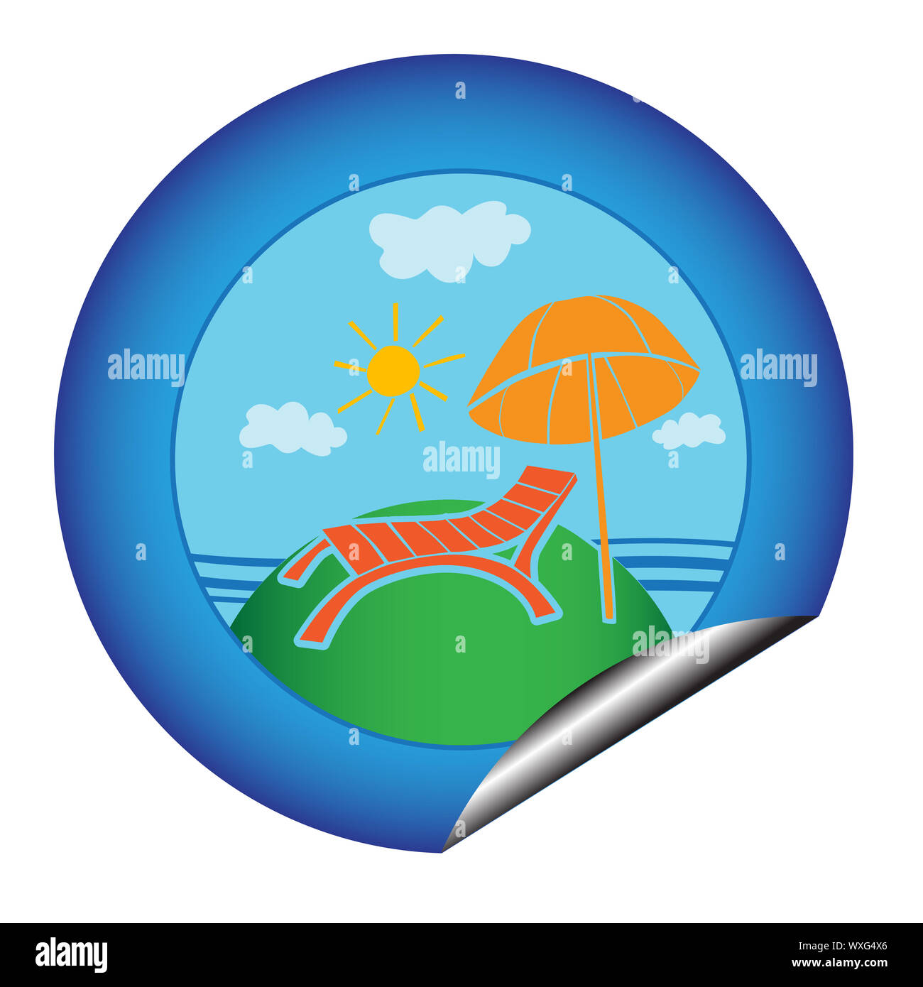 Summer vacation blue sticker with sunbed and umbrella at the seaside isolated on white Stock Photo