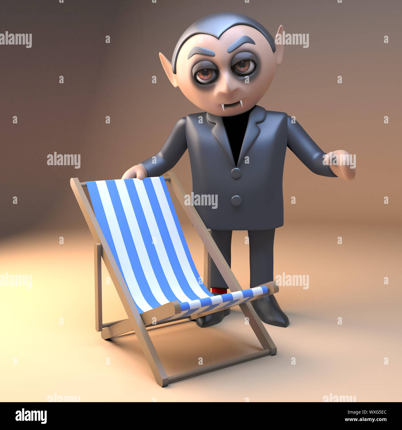 Cartoon dracula vampire 3d Halloween character standing by a deck chair, 3d illustration render Stock Photo