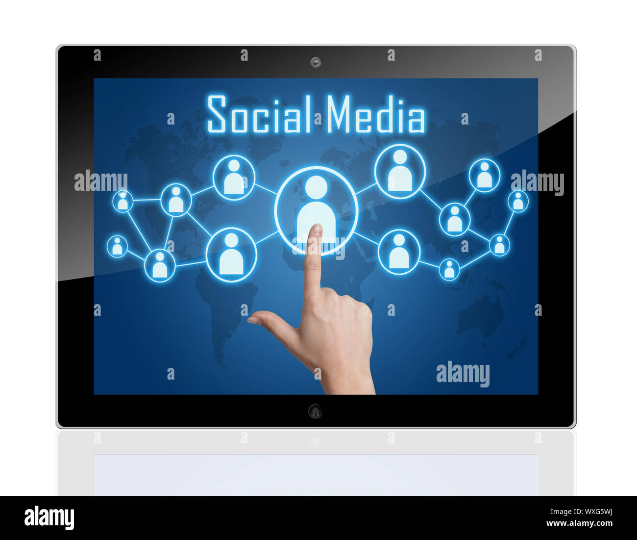 Tablet Computer with a hand pressing social media icon Stock Photo - Alamy