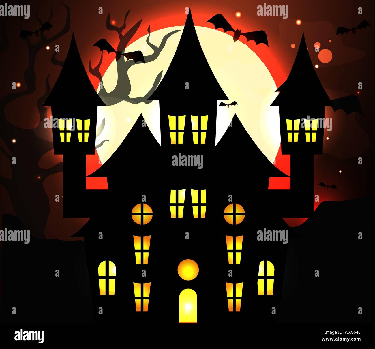 haunted castle with bats flying in halloween scene Stock Vector Image ...