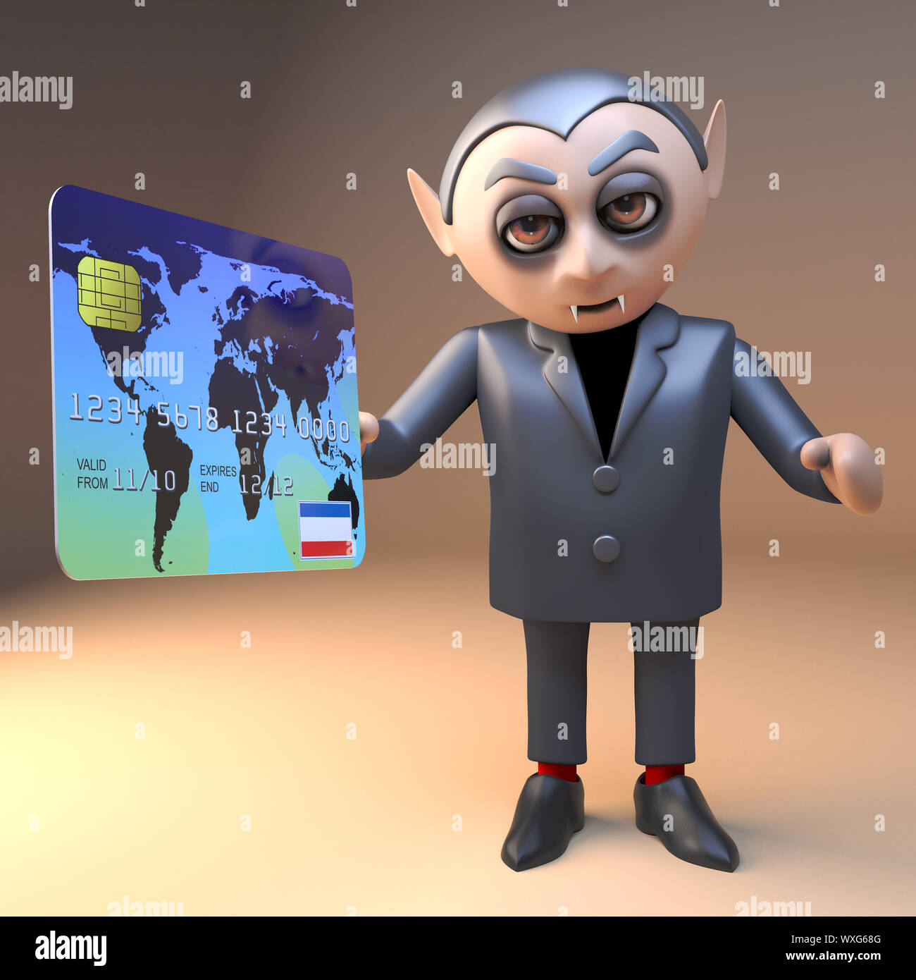 Dracula vampire 3d Halloween monster paying with a debit credit card, 3d illustration render Stock Photo