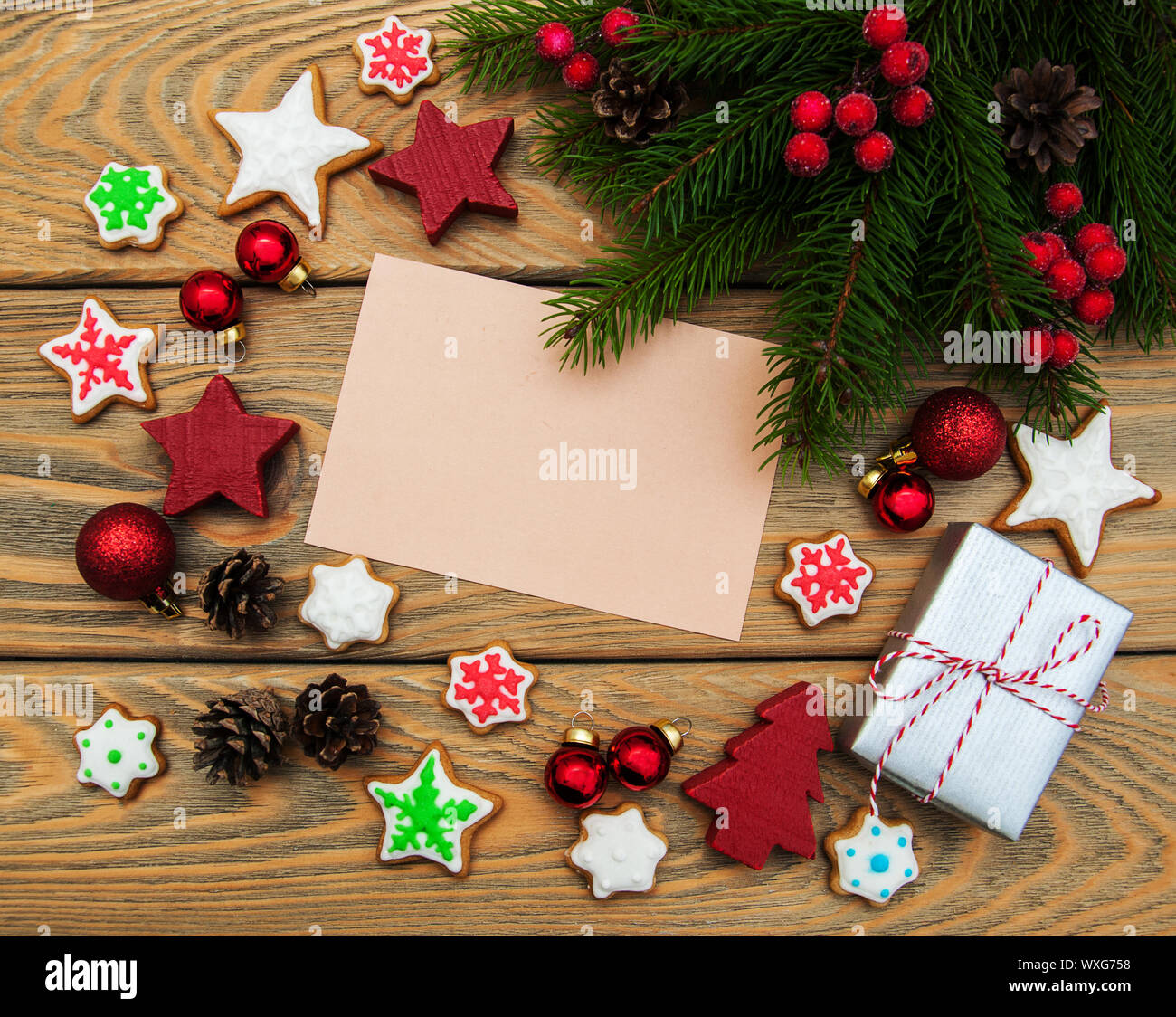 Christmas holiday background - cookies, baubles and card Stock Photo ...