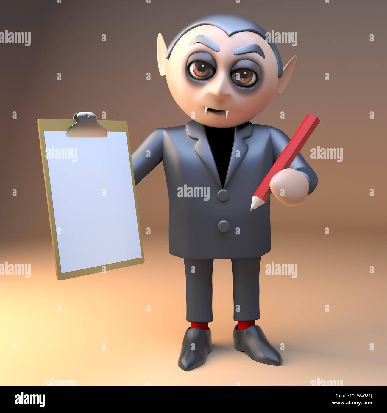 3d cartoon dracula vampire Halloween character holding a clipboard and pencil, 3d illustration render Stock Photo