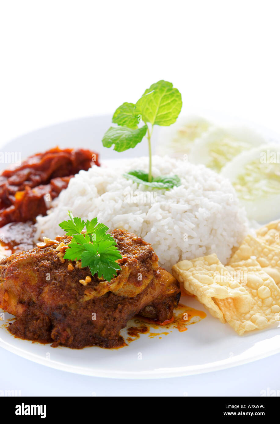 Nasi lemak kukus traditional malaysian spicy rice dish. Served with belacan, ikan bilis, acar, peanuts and cucumber. White background. Stock Photo