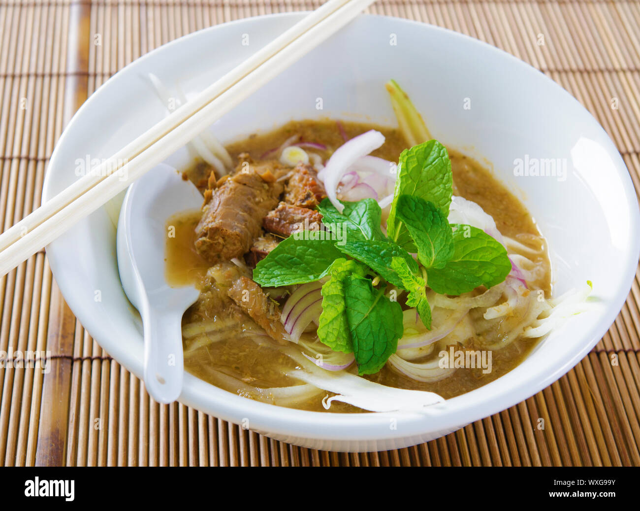 Assam or asam laksa.  Delicious traditional Malay dish, malaysian food, Asian cuisine. Stock Photo