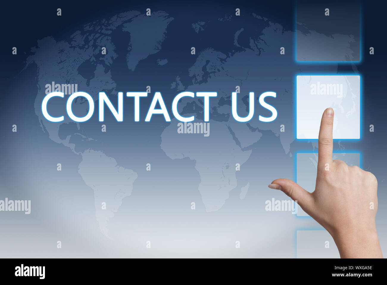 Marketing concept: words Contact us on blue background with world map ...