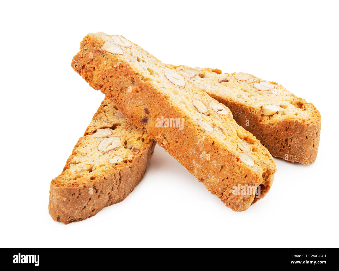 Heap if Italian cookies cantuccini with almonds isolated on white with soft shadow Stock Photo