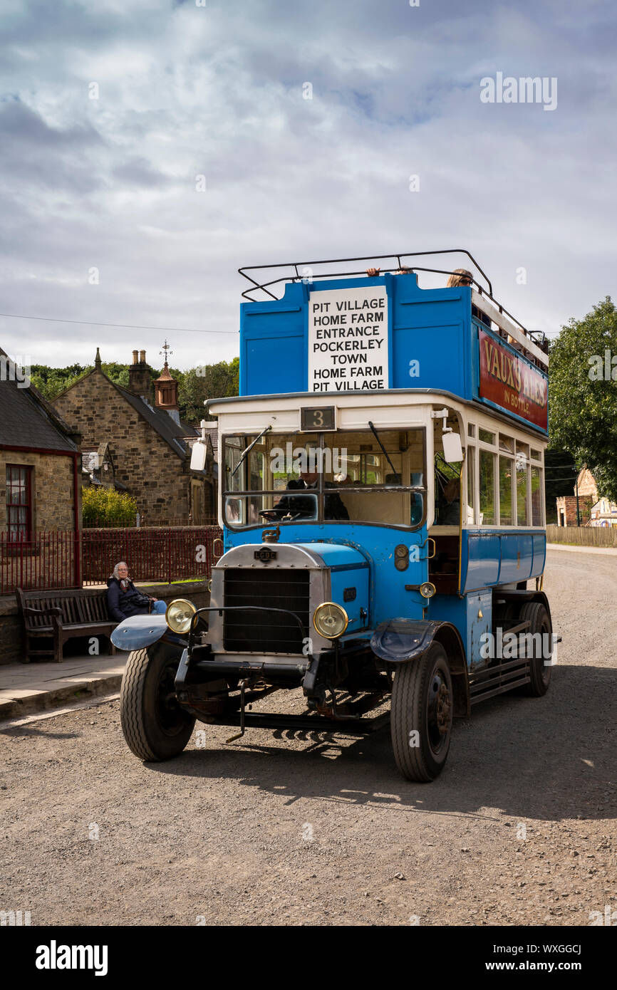 UK, County Durham, Beamish, Museum, Pit Village, Francis Street, LGOC (B-Type) replica open topped bus Stock Photo