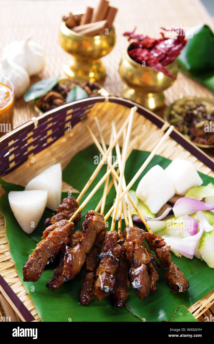 Beef satay, roasted meat skewer Malay food. Traditional Malaysia food. Hot and spicy Malaysian