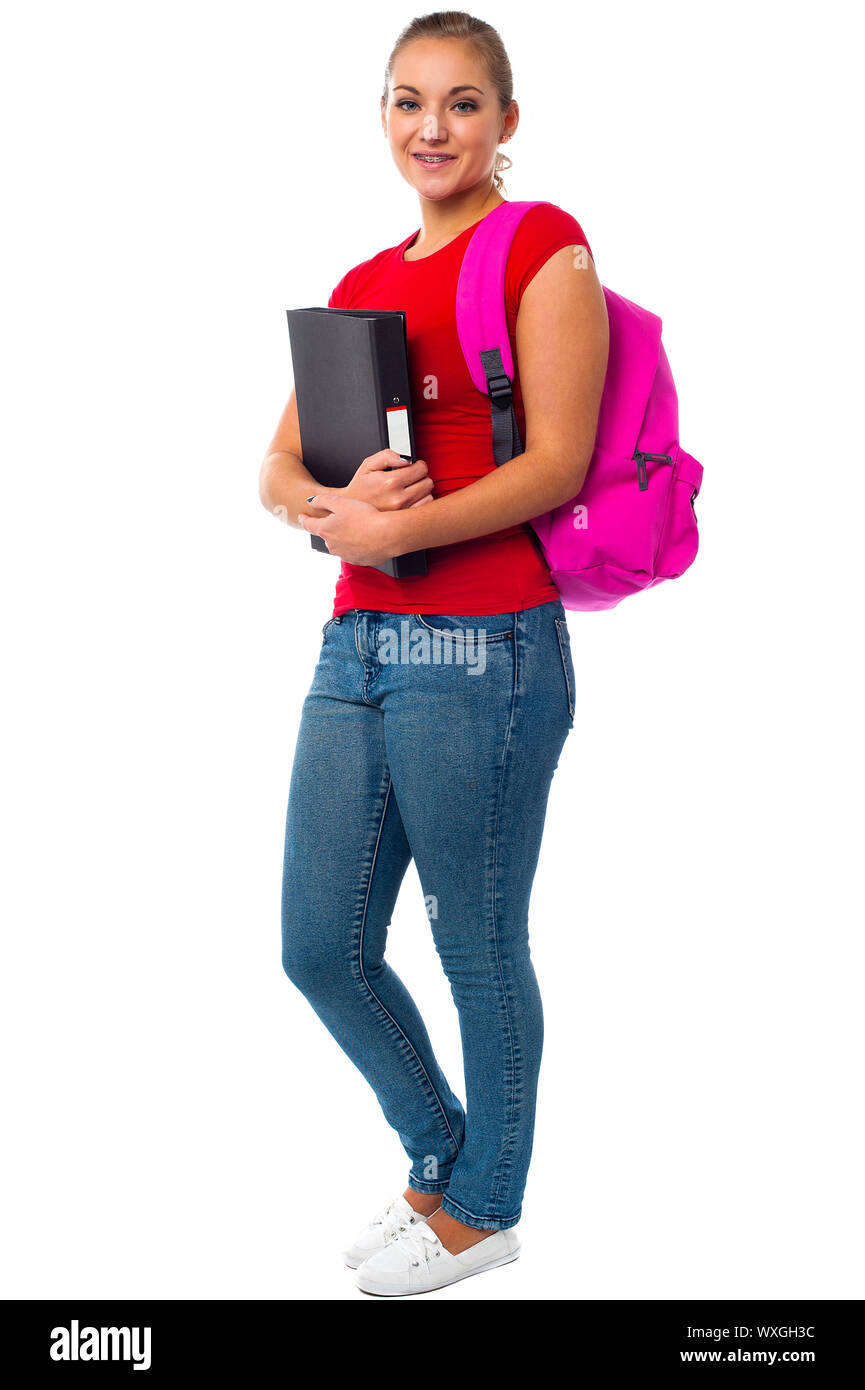 Beautiful university girl with backpack and assignment file Stock Photo ...